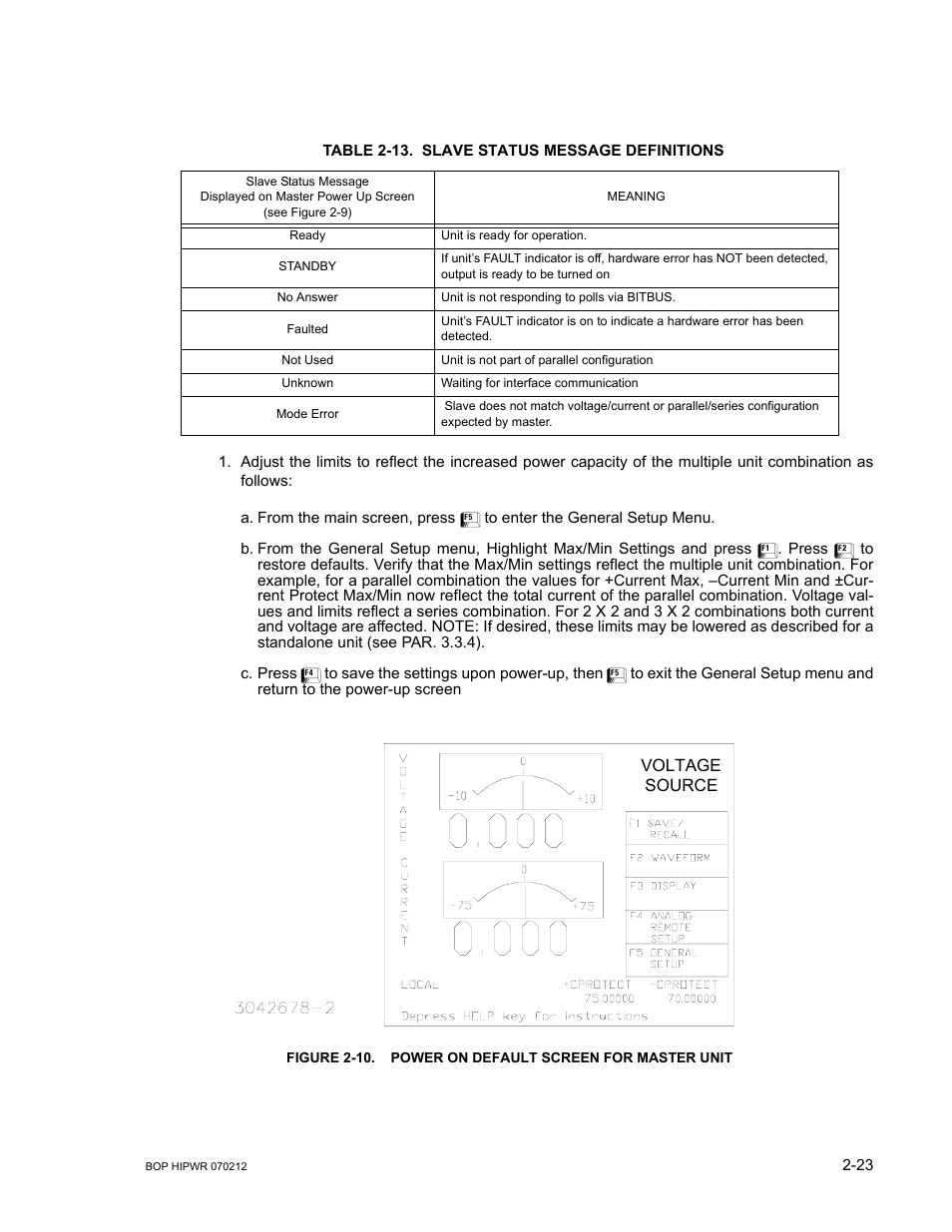 Table 2-13. slave status message definitions, 10 power on default screen for master unit -23, 13 slave status message definitions -23 | 13 f, Re 2-10) | KEPCO BOP 1KW-MG Operator Manual, Firmware Ver.4.08 to 4.11 User Manual | Page 61 / 194