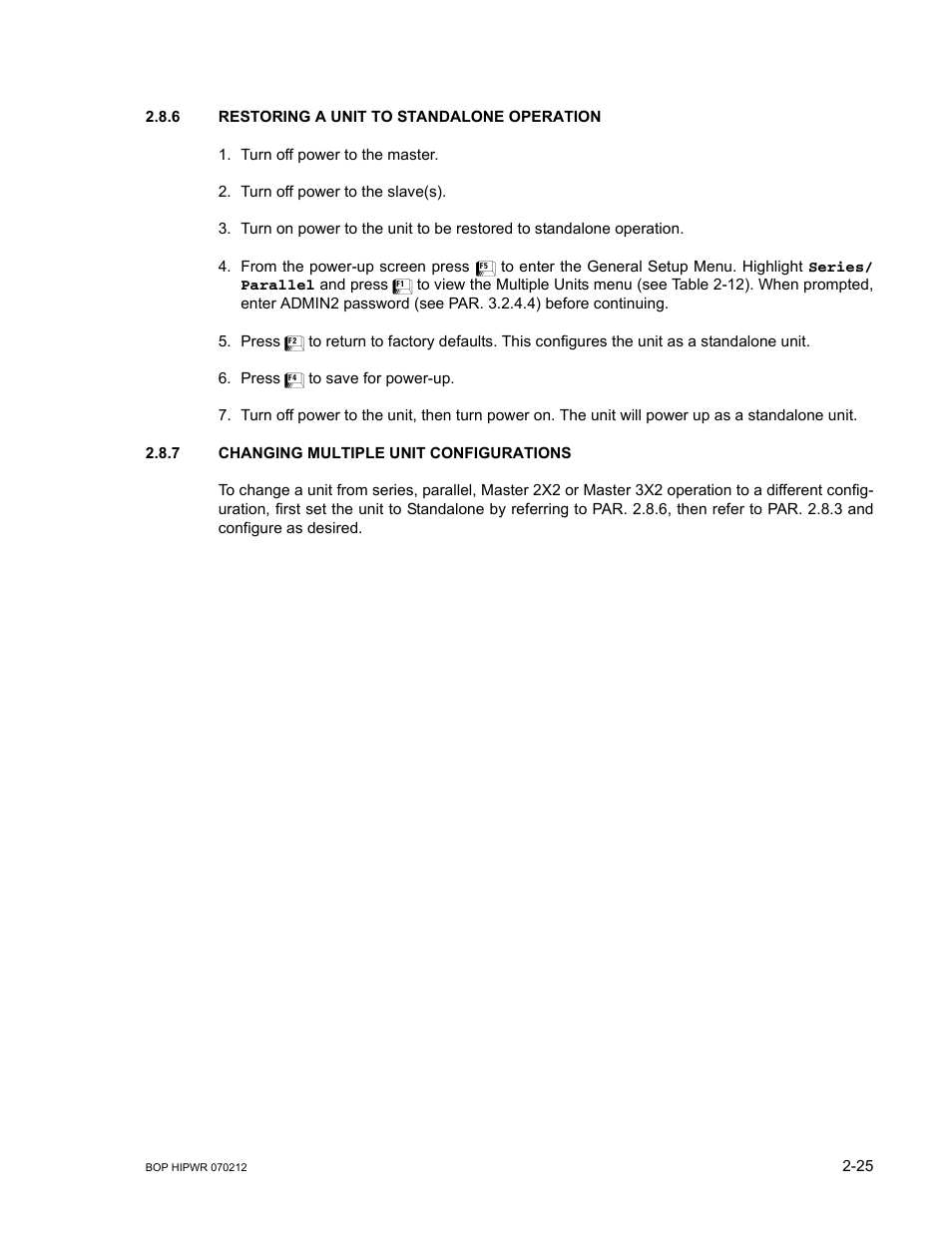 6 restoring a unit to standalone operation, 7 changing multiple unit configurations, Restoring a unit to standalone operation -25 | Changing multiple unit configurations -25, R. 2.8.6, R. 2.8.6. on | KEPCO BOP 1KW-MG Operator Manual, Firmware Ver.4.08 to 4.11 User Manual | Page 63 / 194