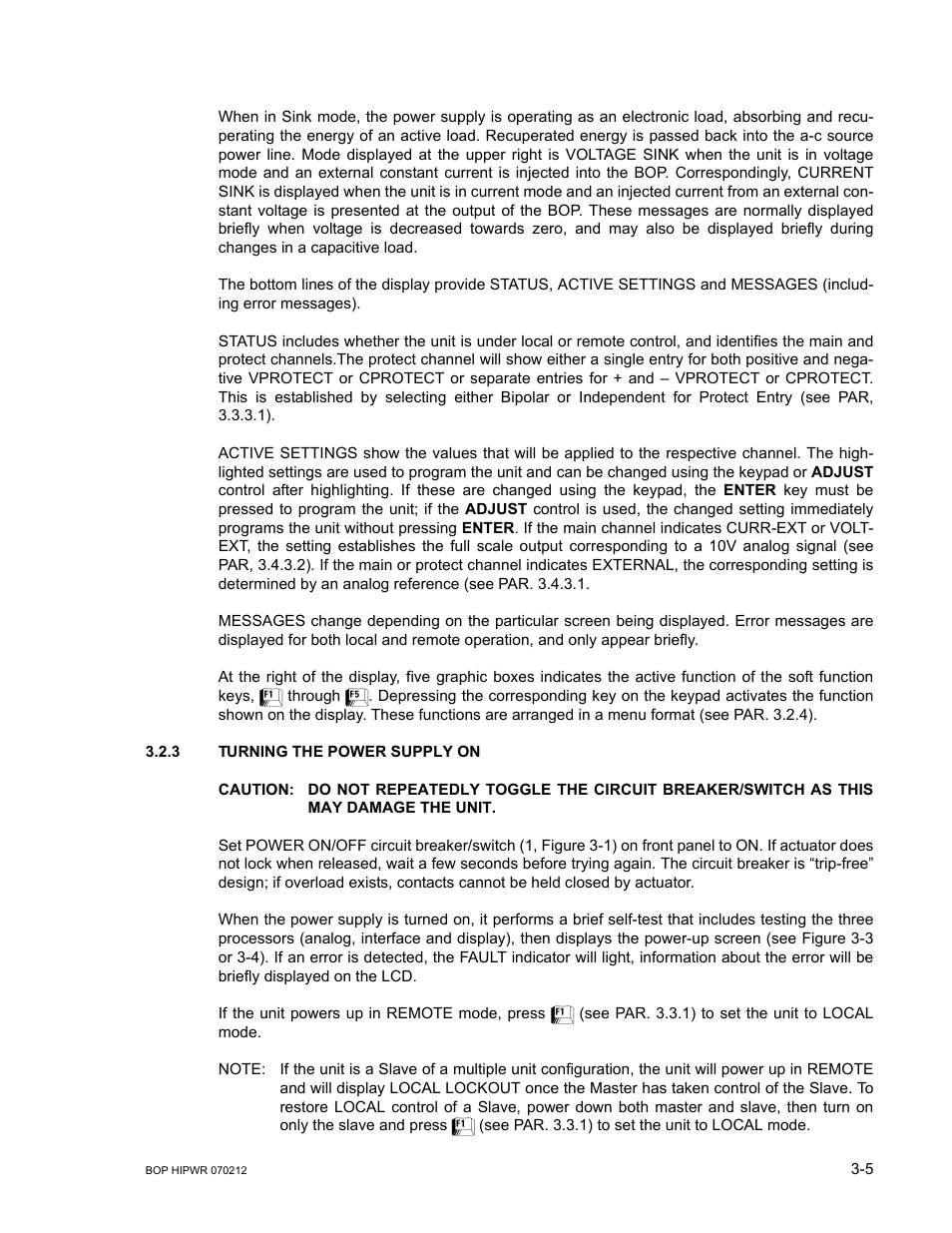 3 turning the power supply on, Caution, The unit | Turning the power supply on -5 | KEPCO BOP 1KW-MG Operator Manual, Firmware Ver.4.08 to 4.11 User Manual | Page 69 / 194