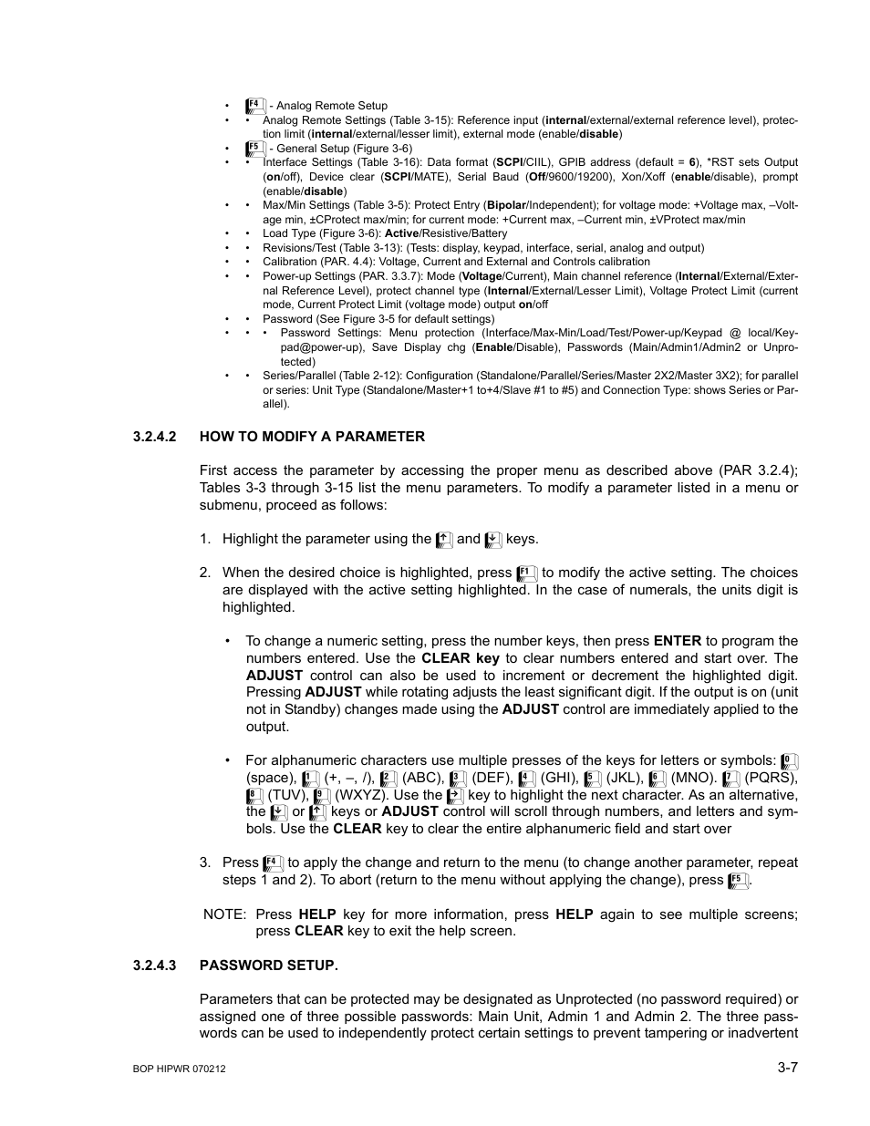 2 how to modify a parameter, 3 password setup, How to modify a parameter -7 | Password setup -7 | KEPCO BOP 1KW-MG Operator Manual, Firmware Ver.4.08 to 4.11 User Manual | Page 71 / 194