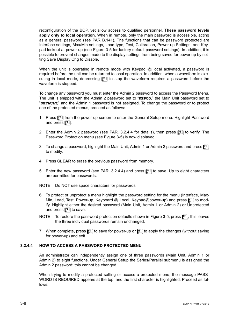 4 how to access a password protected menu, How to access a password protected menu -8, R. 3.2.4.4) | KEPCO BOP 1KW-MG Operator Manual, Firmware Ver.4.08 to 4.11 User Manual | Page 72 / 194