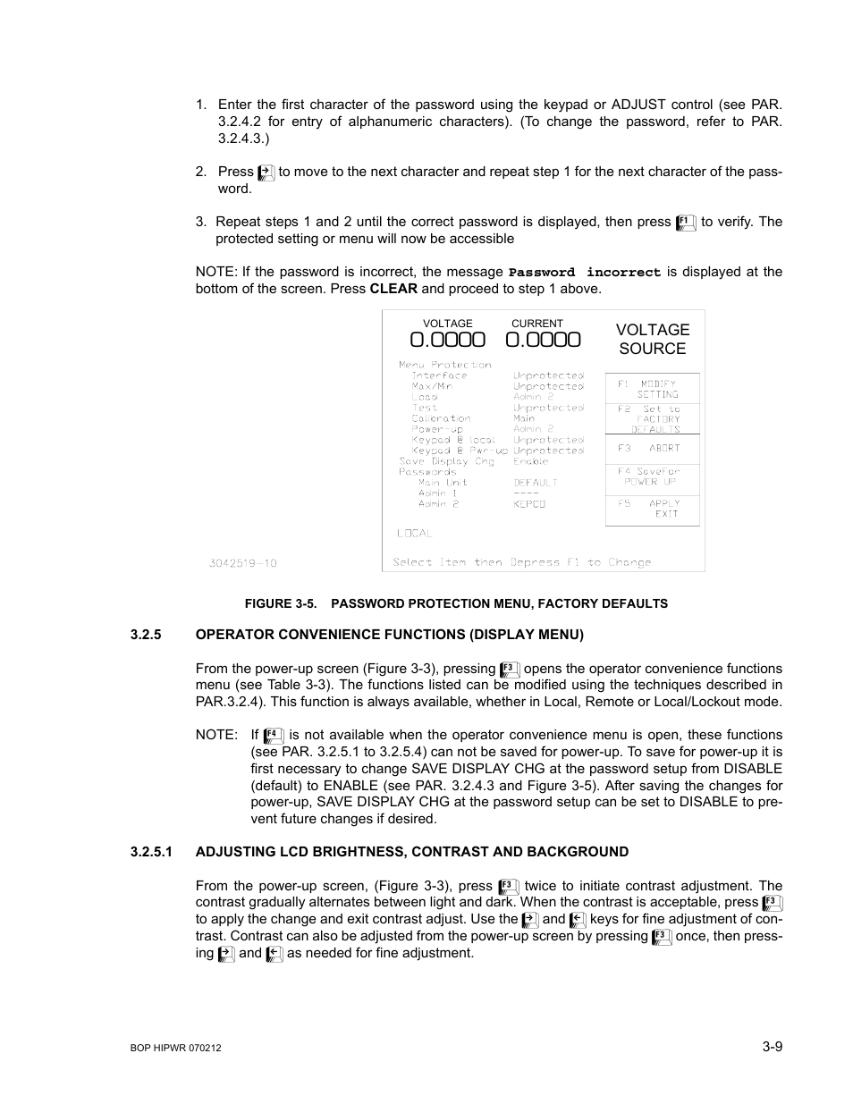 5 operator convenience functions (display menu), Operator convenience functions (display menu) -9, Password protection menu, factory defaults -9 | R. 3.2.5), Ee figure 3-5 for, 5 for | KEPCO BOP 1KW-MG Operator Manual, Firmware Ver.4.08 to 4.11 User Manual | Page 73 / 194