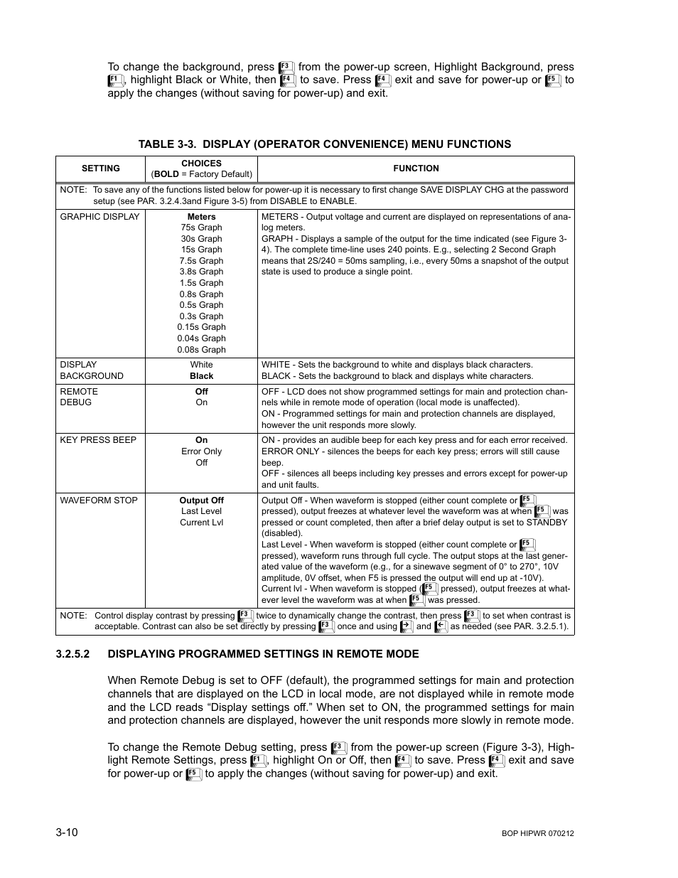 2 displaying programmed settings in remote mode, Displaying programmed settings in remote mode -10, Display (operator convenience) menu functions -10 | Es 3-3, Ble 3-3) | KEPCO BOP 1KW-MG Operator Manual, Firmware Ver.4.08 to 4.11 User Manual | Page 74 / 194