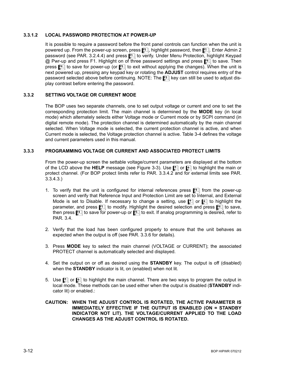 2 local password protection at power-up, 2 setting voltage or current mode, Caution | Tated, Local password protection at power-up -12, Setting voltage or current mode -12 | KEPCO BOP 1KW-MG Operator Manual, Firmware Ver.4.08 to 4.11 User Manual | Page 76 / 194