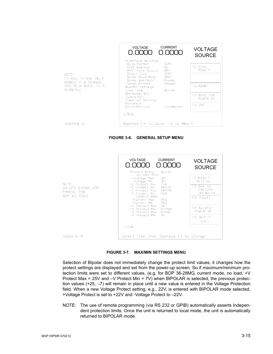 Figure 3-6. general setup menu, Figure 3-7. max/min settings menu, General setup menu -15 | Max/min settings menu -15, E 3-6), E 3-7 | KEPCO BOP 1KW-MG Operator Manual, Firmware Ver.4.08 to 4.11 User Manual | Page 79 / 194