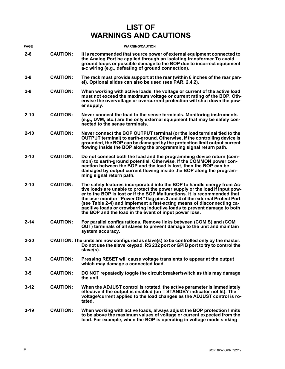 List of warnings and cautions | KEPCO BOP 1KW-MG Operator Manual, Firmware Ver.4.08 to 4.11 User Manual | Page 8 / 194