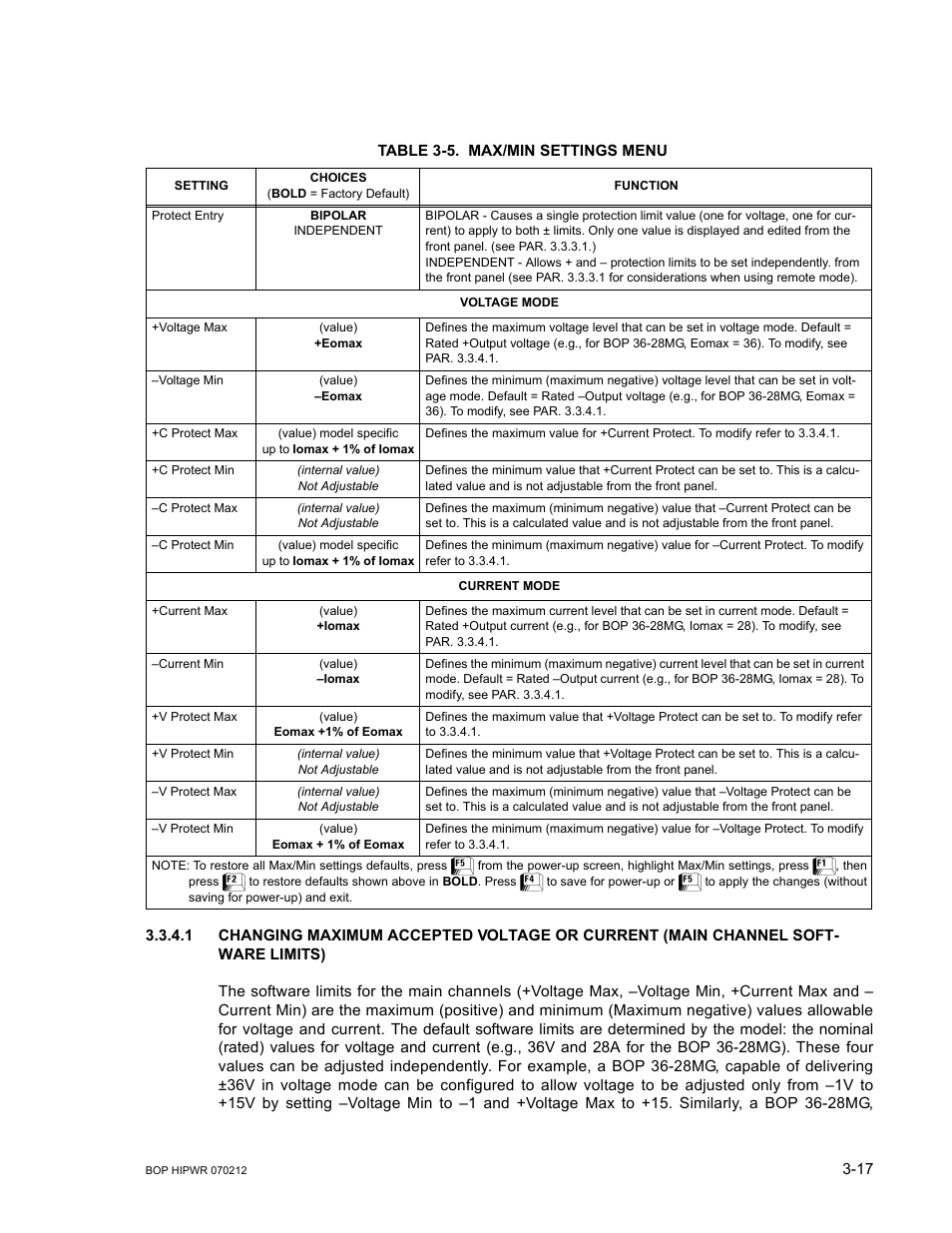 Table 3-5. max/min settings menu, Max/min settings menu -17, R. 3.3.4.1 | Able 3-5), 1) the cor, Le 3-5) | KEPCO BOP 1KW-MG Operator Manual, Firmware Ver.4.08 to 4.11 User Manual | Page 81 / 194