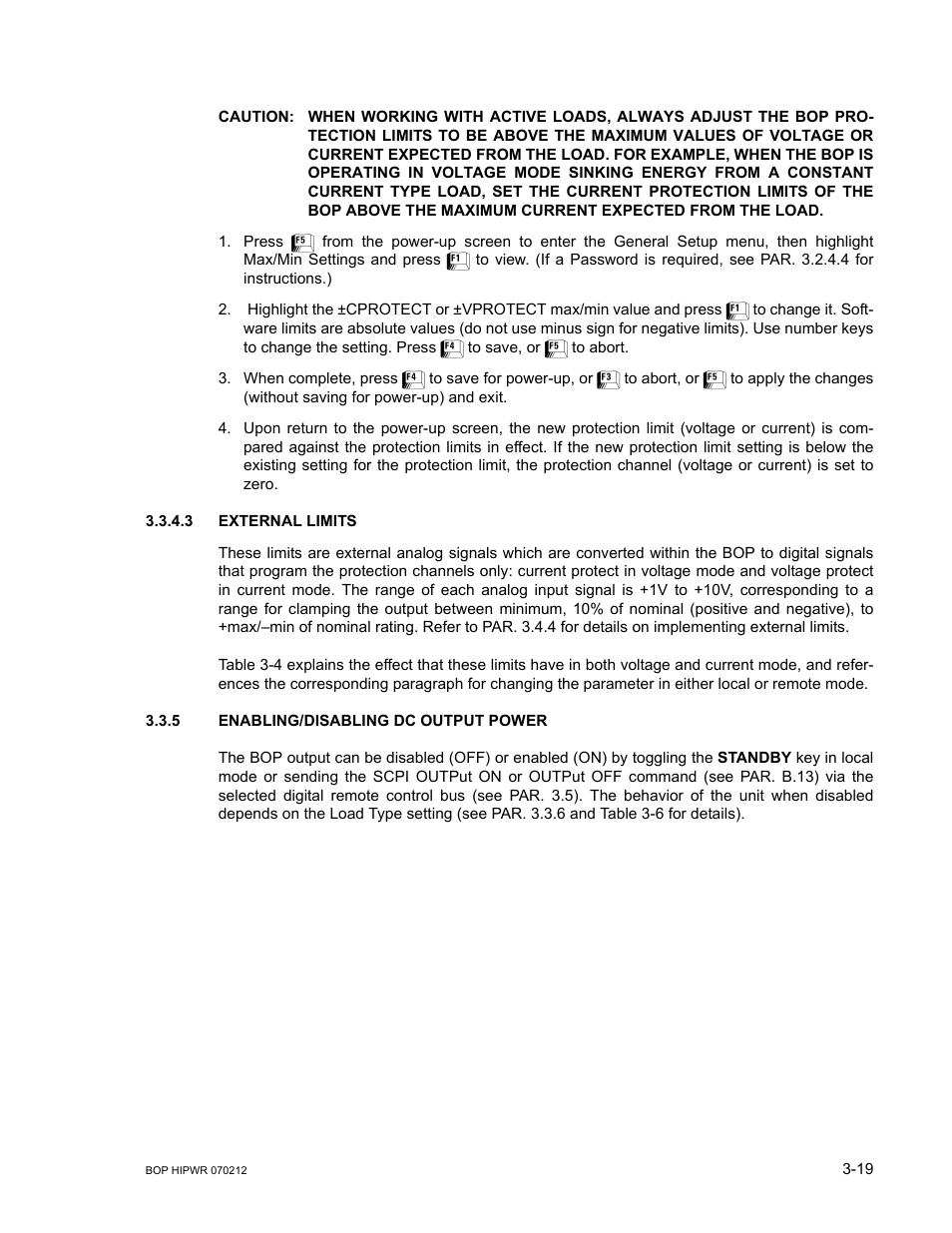 3 external limits, 5 enabling/disabling dc output power, Caution | External limits -19, Enabling/disabling dc output power -19 | KEPCO BOP 1KW-MG Operator Manual, Firmware Ver.4.08 to 4.11 User Manual | Page 83 / 194