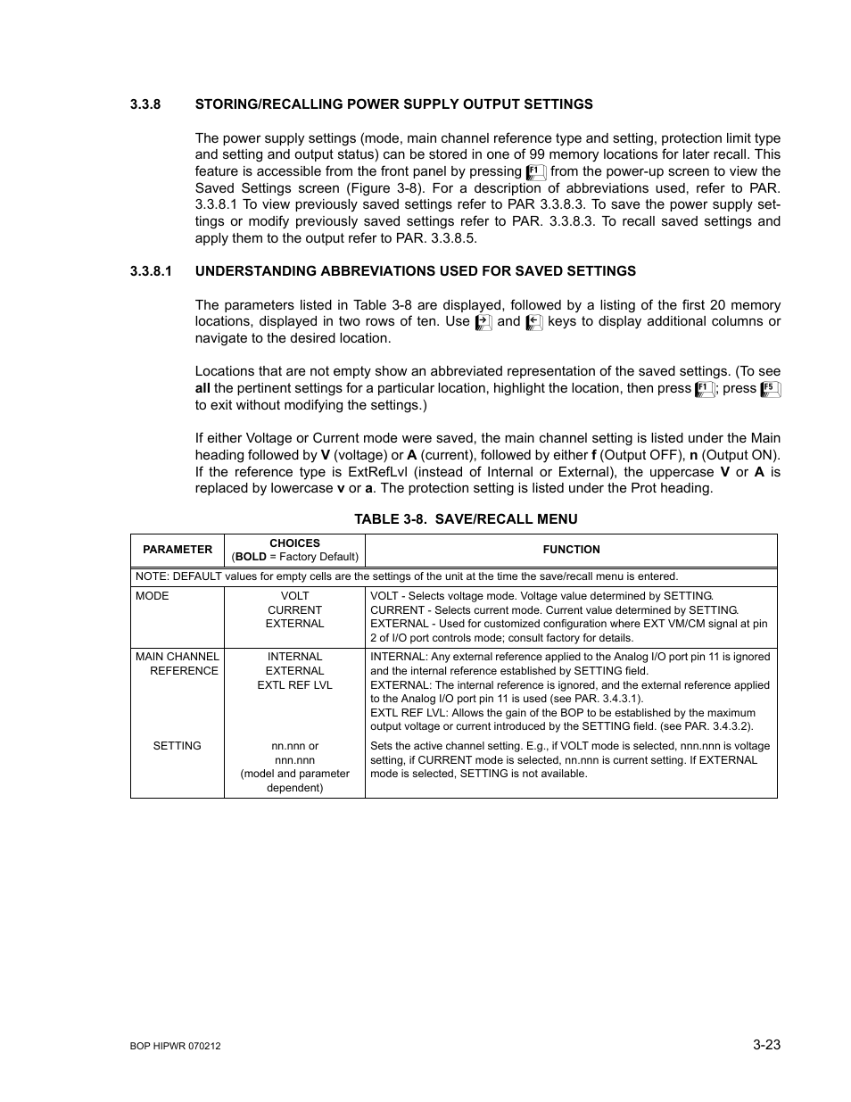 8 storing/recalling power supply output settings, Table 3-8. save/recall menu, Storing/recalling power supply output settings -23 | Save/recall menu -23 | KEPCO BOP 1KW-MG Operator Manual, Firmware Ver.4.08 to 4.11 User Manual | Page 87 / 194