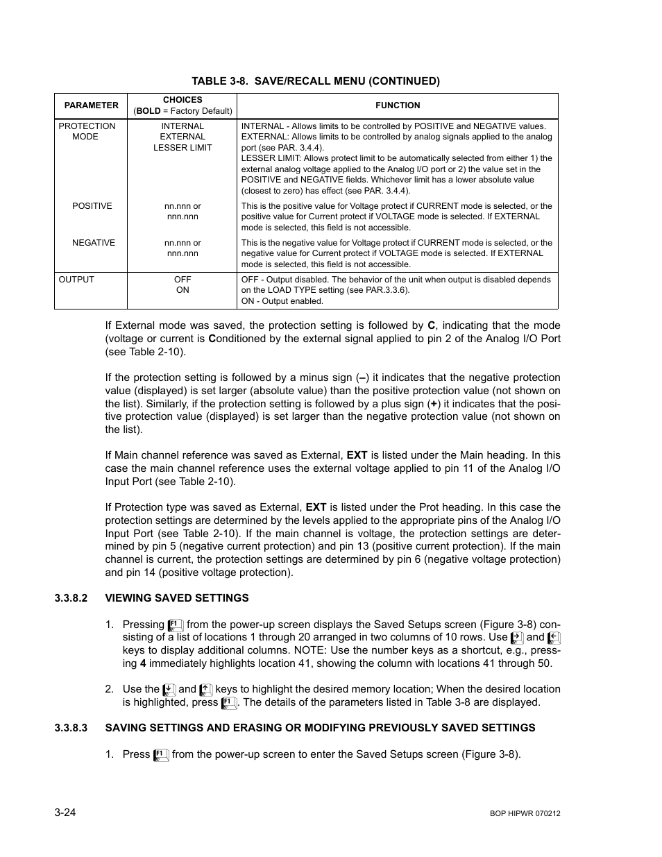 2 viewing saved settings, Viewing saved settings -24, R 3.3.8.3. t | R. 3.3.8.3 | KEPCO BOP 1KW-MG Operator Manual, Firmware Ver.4.08 to 4.11 User Manual | Page 88 / 194