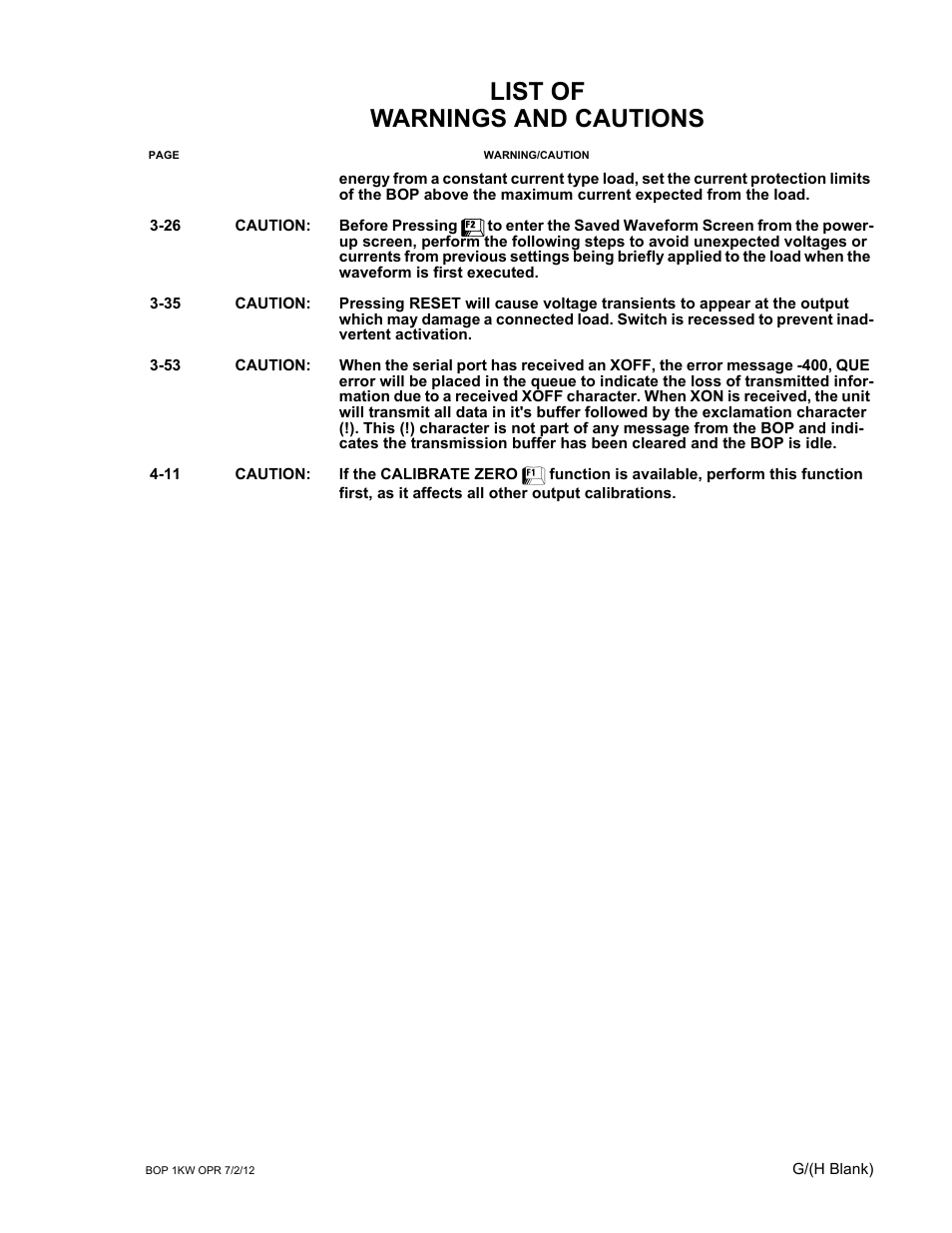 List of warnings and cautions | KEPCO BOP 1KW-MG Operator Manual, Firmware Ver.4.08 to 4.11 User Manual | Page 9 / 194