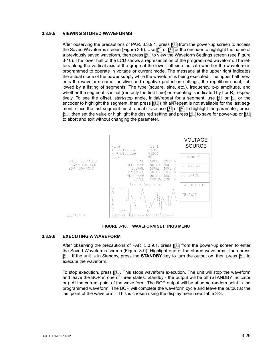 5 viewing stored waveforms, Figure 3-10. waveform settings menu, 6 executing a waveform | Viewing stored waveforms -29, Executing a waveform -29, 10 waveform settings menu -29, Igure 3-10) | KEPCO BOP 1KW-MG Operator Manual, Firmware Ver.4.08 to 4.11 User Manual | Page 93 / 194