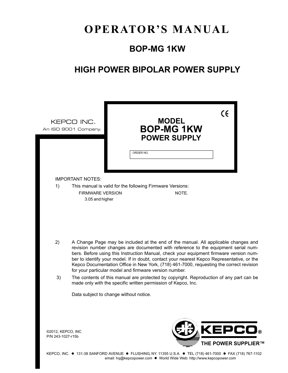 KEPCO BOP 1KW-MG Operator Manual, Firmware Ver.3.05 to 4.07 User Manual | 194 pages