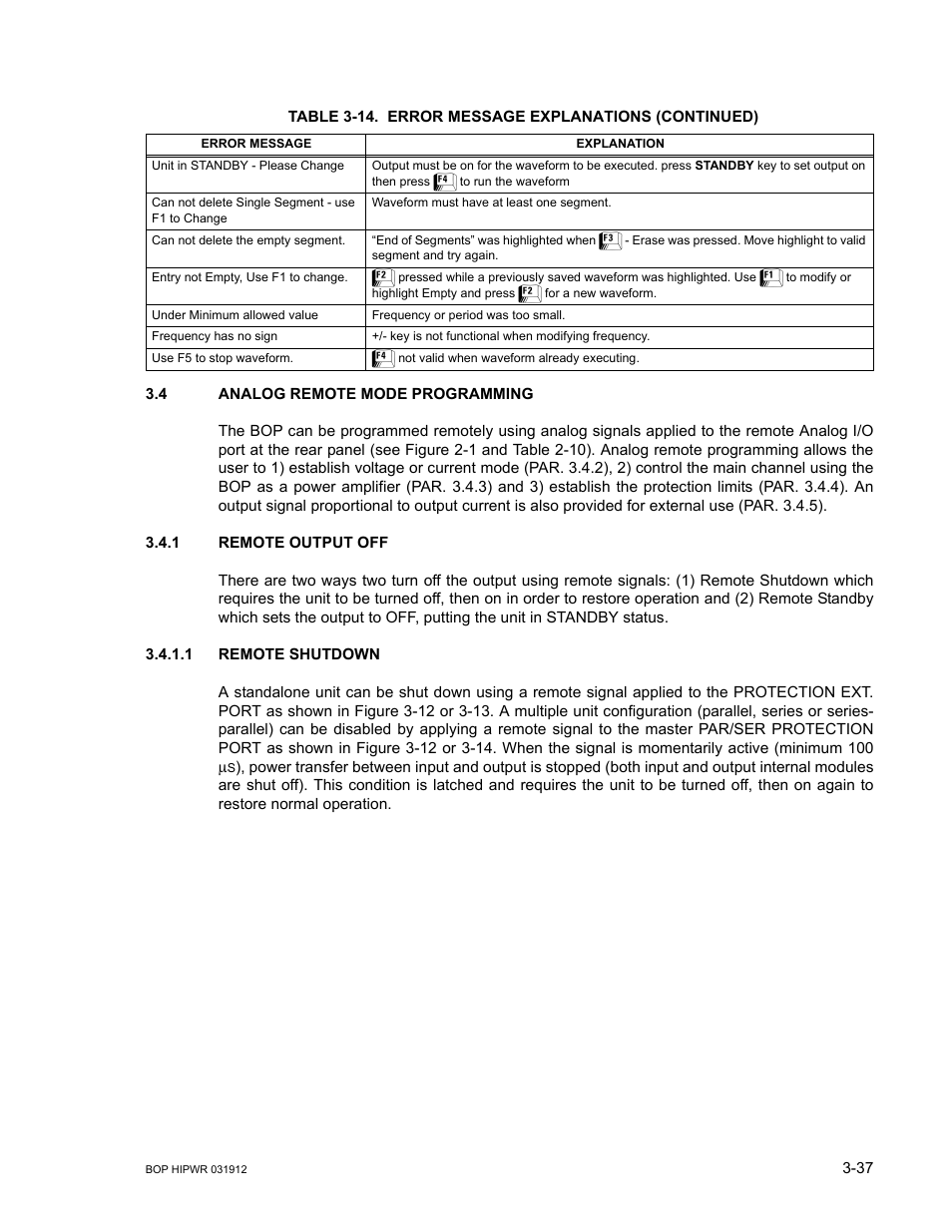 4 analog remote mode programming, 1 remote output off, 1 remote shutdown | Analog remote mode programming -37, Remote output off -37, Remote shutdown -37, R. 3.4, 4 fo, Ar. 3.4 and | KEPCO BOP 1KW-MG Operator Manual, Firmware Ver.3.05 to 4.07 User Manual | Page 101 / 194