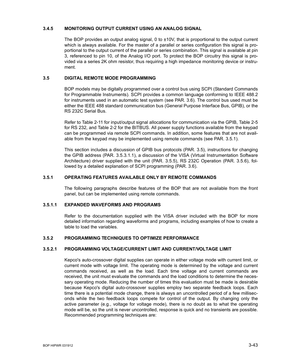 5 monitoring output current using an analog signal, 5 digital remote mode programming, 1 expanded waveforms and programs | 2 programming techniques to optimize performance, Digital remote mode programming -43, Expanded waveforms and programs -43, Programming techniques to optimize performance -43, R. 3.5 for, Ar. 3.4.5) | KEPCO BOP 1KW-MG Operator Manual, Firmware Ver.3.05 to 4.07 User Manual | Page 107 / 194