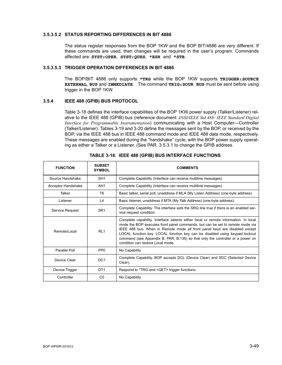 2 status reporting differences in bit 4886, 3 trigger operation differences in bit 4886, 4 ieee 488 (gpib) bus protocol | Status reporting differences in bit 4886 -49, Trigger operation differences in bit 4886 -49, Ieee 488 (gpib) bus protocol -49, 18 ieee 488 (gpib) bus interface functions -49 | KEPCO BOP 1KW-MG Operator Manual, Firmware Ver.3.05 to 4.07 User Manual | Page 113 / 194