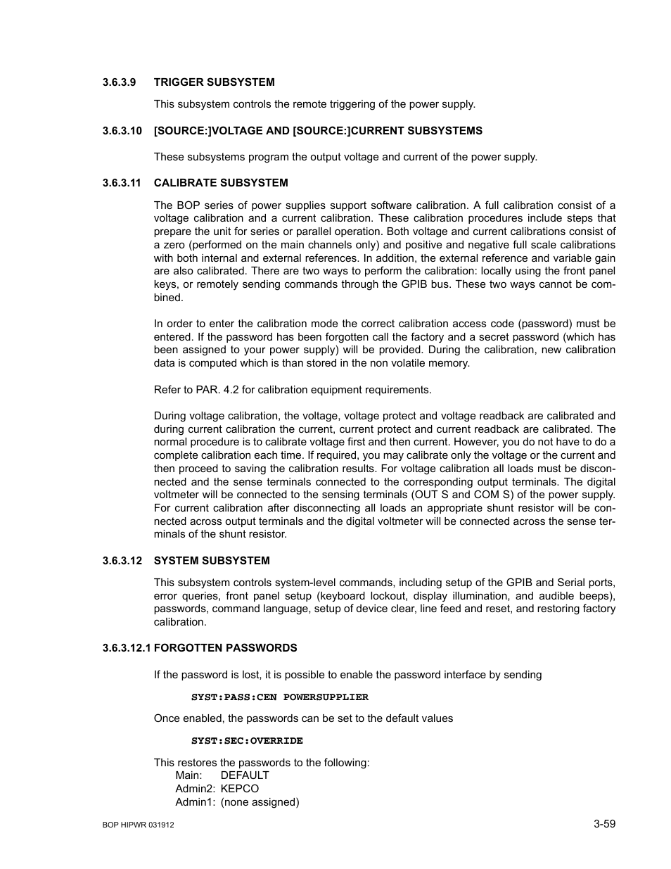 9 trigger subsystem, 11 calibrate subsystem, 12 system subsystem | 1 forgotten passwords, Trigger subsystem -59, Calibrate subsystem -59, System subsystem -59, Forgotten passwords -59 | KEPCO BOP 1KW-MG Operator Manual, Firmware Ver.3.05 to 4.07 User Manual | Page 123 / 194