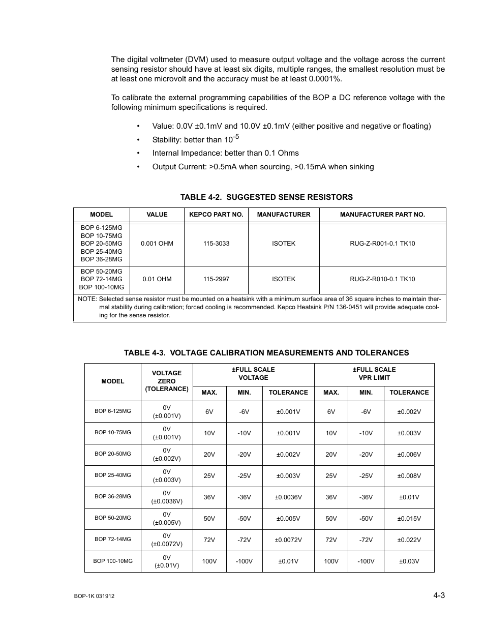 Table 4-2. suggested sense resistors, Suggested sense resistors -3, Voltage calibration measurements and tolerances -3 | KEPCO BOP 1KW-MG Operator Manual, Firmware Ver.3.05 to 4.07 User Manual | Page 135 / 194