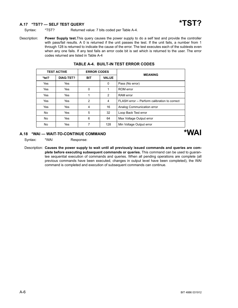 A.17 *tst? — self test query, Table a-4. built-in test error codes, A.18 *wai — wait-to-continue command | A.17, A.18, H a.18, ar | KEPCO BOP 1KW-MG Operator Manual, Firmware Ver.3.05 to 4.07 User Manual | Page 154 / 194