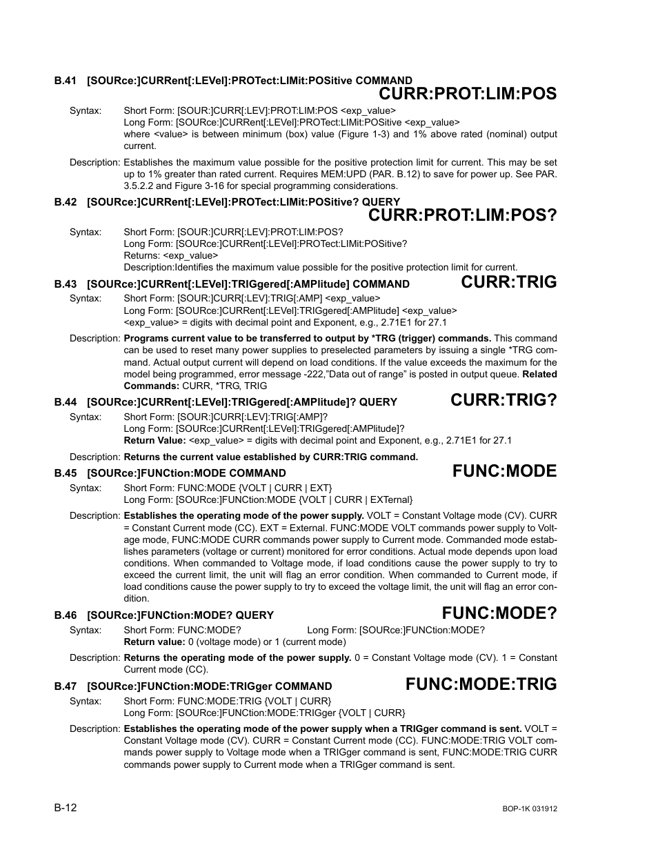 B.45 [source:]function:mode command, B.46 [source:]function:mode? query, B.47 [source:]function:mode:trigger command | B.41, Sour, B.42, B.43, B.44, B.45, B.46 | KEPCO BOP 1KW-MG Operator Manual, Firmware Ver.3.05 to 4.07 User Manual | Page 166 / 194