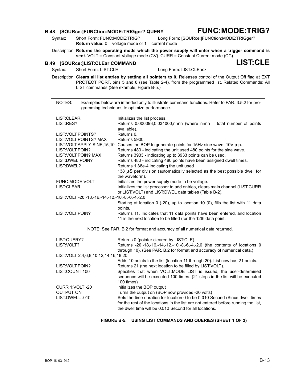 B.48 [source:]function:mode:trigger? query, B.49 [source:]list:clear command, Figure b-5. using list commands and queries | B.48, Sour, B.49, Func:mode:trig, List:cle | KEPCO BOP 1KW-MG Operator Manual, Firmware Ver.3.05 to 4.07 User Manual | Page 167 / 194