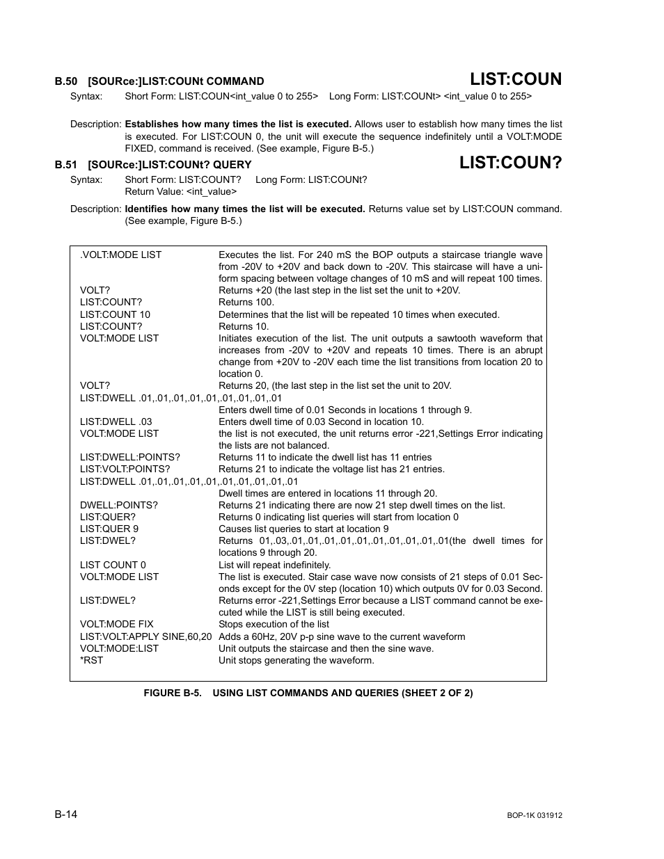 B.50 [source:]list:count command, B.51 [source:]list:count? query, B.50 | Sour, B.51, B.50, b.51, List:coun | KEPCO BOP 1KW-MG Operator Manual, Firmware Ver.3.05 to 4.07 User Manual | Page 168 / 194