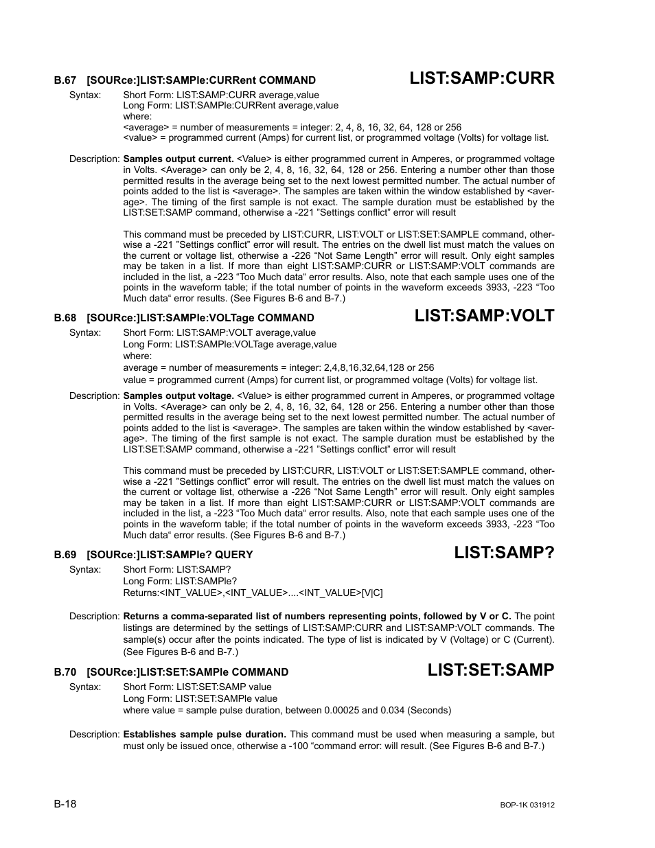 B.67 [source:]list:sample:current command, B.68 [source:]list:sample:voltage command, B.69 [source:]list:sample? query | B.70 [source:]list:set:sample command, B.67, Sour, B.68, B.69, B.70, B.70, b.71 | KEPCO BOP 1KW-MG Operator Manual, Firmware Ver.3.05 to 4.07 User Manual | Page 172 / 194