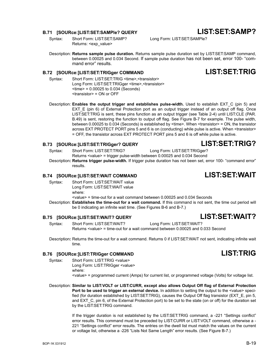 B.71 [source:]list:set:sample? query, B.72 [source:]list:set:trigger command, B.73 [source:]list:set:trigger? query | B.74 [source:]list:set:wait command, B.75 [source:]list:set:wait? query, B.76 [source:]list:trigger command, B.71, Sour, B.72, B.73 | KEPCO BOP 1KW-MG Operator Manual, Firmware Ver.3.05 to 4.07 User Manual | Page 173 / 194