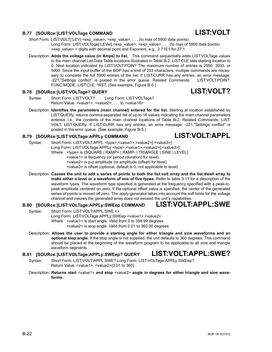 B.77 [source:]list:voltage command, B.78 [source:]list:voltage? query, B.79 [source:]list:voltage:apply command | B.80 [source:]list:voltage:apply:sweep command, B.81 [source:]list:voltage:apply:sweep? query, B.77, Sour, B.78, B.79, B.80 | KEPCO BOP 1KW-MG Operator Manual, Firmware Ver.3.05 to 4.07 User Manual | Page 176 / 194