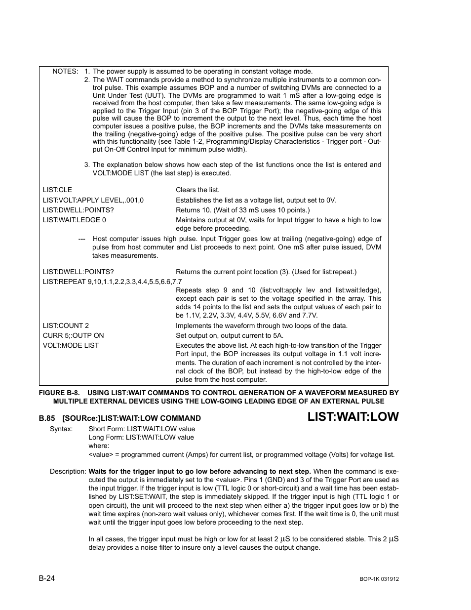 B.85 [source:]list:wait:low command, B.85, Sour | Ee figure b-8.), List:wait:low | KEPCO BOP 1KW-MG Operator Manual, Firmware Ver.3.05 to 4.07 User Manual | Page 178 / 194