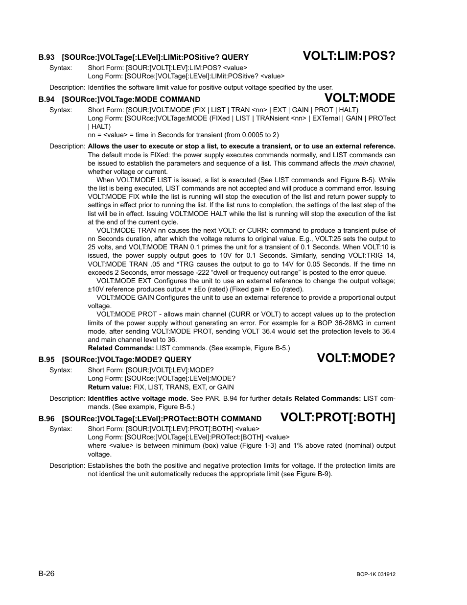 B.94 [source:]voltage:mode command, B.95 [source:]voltage:mode? query, B.96 [source:]voltage[:level]:protect:both command | B.93, Sour, B.94, B.95, B.96, B.96, b.97, B.94, b.95 | KEPCO BOP 1KW-MG Operator Manual, Firmware Ver.3.05 to 4.07 User Manual | Page 180 / 194