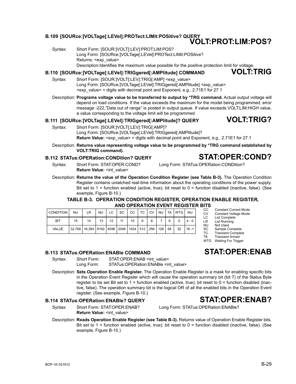 B.112 status:operation:condition? query, B.113 status:operation:enable command, B.114 status:operation:enable? query | B.109, Sour, B.110, B.111, B.112, Stat, B.113 | KEPCO BOP 1KW-MG Operator Manual, Firmware Ver.3.05 to 4.07 User Manual | Page 183 / 194