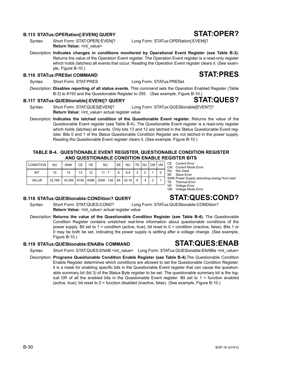 B.115 status:operation[:event] query, B.116 status:preset command, B.117 status:questionable[:event]? query | B.118 status:questionable:condition? query, B.119 status:questionable:enable command, B.115, Stat, B.116, B.117, B.118 | KEPCO BOP 1KW-MG Operator Manual, Firmware Ver.3.05 to 4.07 User Manual | Page 184 / 194