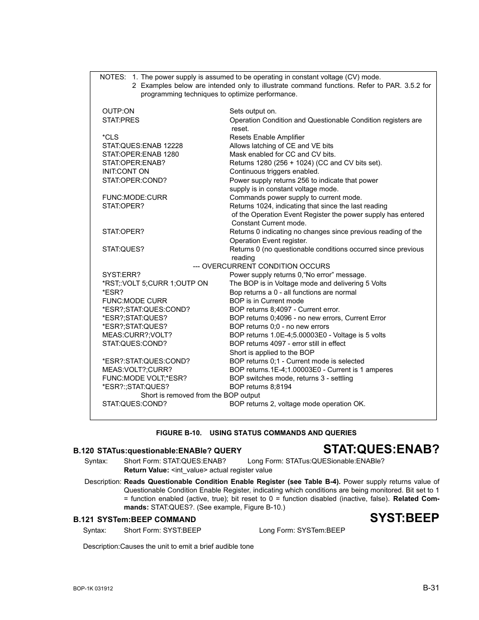 Figure b-10. using status commands and queries, B.120 status:questionable:enable? query, B.121 system:beep command | B.120, Stat, B.121, Syst, Stat:ques:enab, Syst:beep | KEPCO BOP 1KW-MG Operator Manual, Firmware Ver.3.05 to 4.07 User Manual | Page 185 / 194