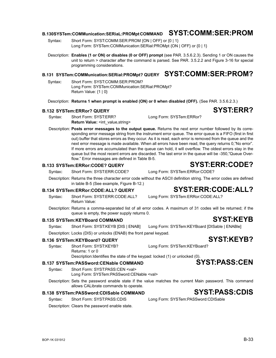 B.130 system:communication:serial:prompt command, B.131 system:communication:serial:prompt? query, B.132 system:error? query | B.133 system:error:code? query, B.134 system:error:code:all? query, B.135 system:keyboard command, B.136 system:keyboard? query, B.137 system:password:cenable command, B.138 system:password:cdisable command, B.130 | KEPCO BOP 1KW-MG Operator Manual, Firmware Ver.3.05 to 4.07 User Manual | Page 187 / 194