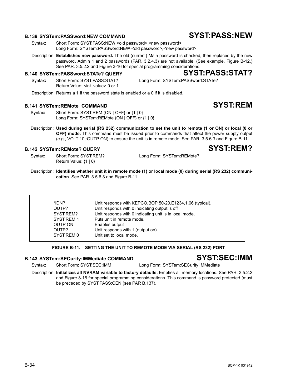 B.139 system:password:new command, B.140 system:password:state? query, B.141 system:remote command | B.142 system:remote? query, B.143 system:security:immediate command, B.139, Syst, B.140, B.141, B.142 | KEPCO BOP 1KW-MG Operator Manual, Firmware Ver.3.05 to 4.07 User Manual | Page 188 / 194