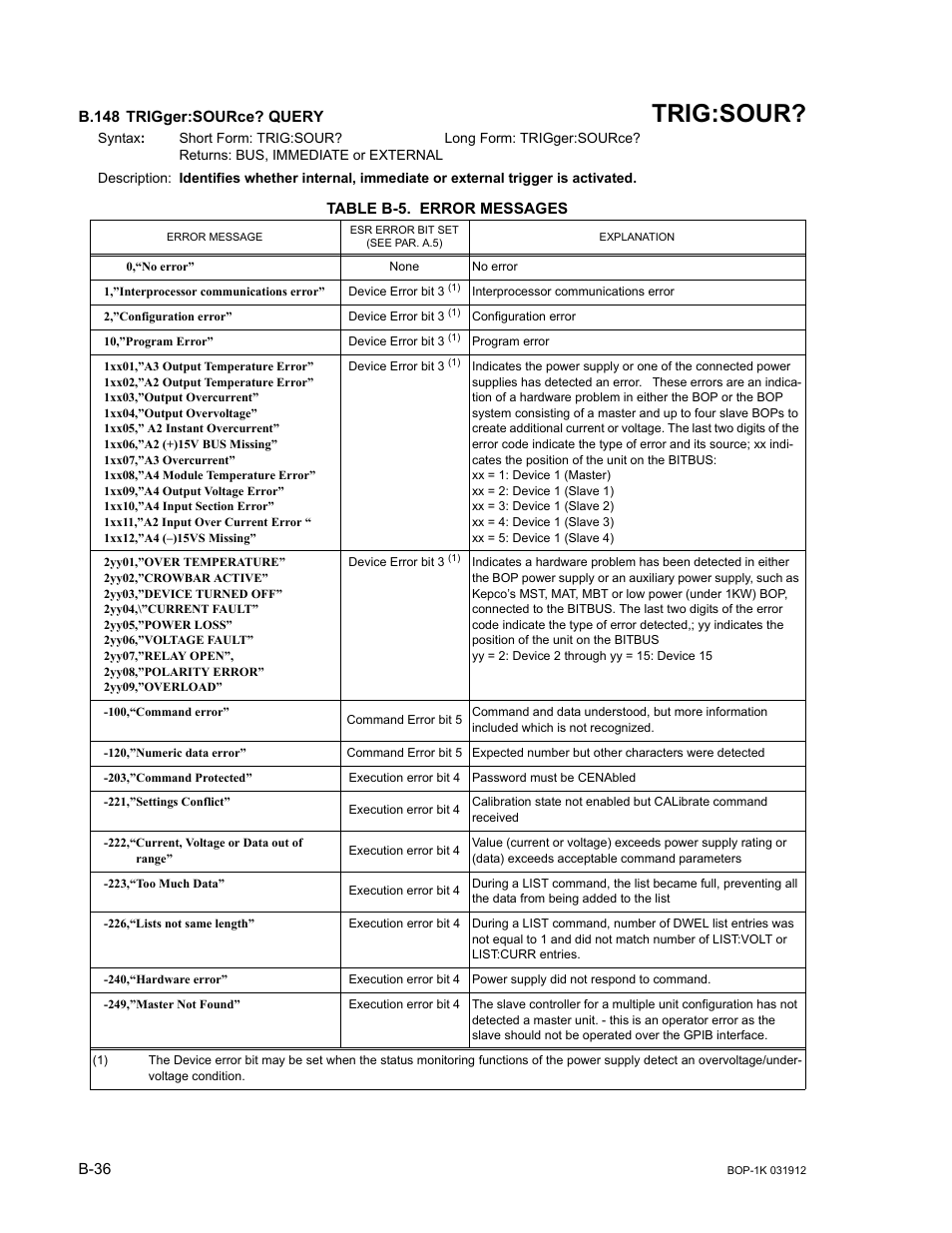 B.148 trigger:source? query, Table b-5. error messages, B.148 | Trig, B-5, appendix, H b.148, E b-5) i, Trig:sour | KEPCO BOP 1KW-MG Operator Manual, Firmware Ver.3.05 to 4.07 User Manual | Page 190 / 194