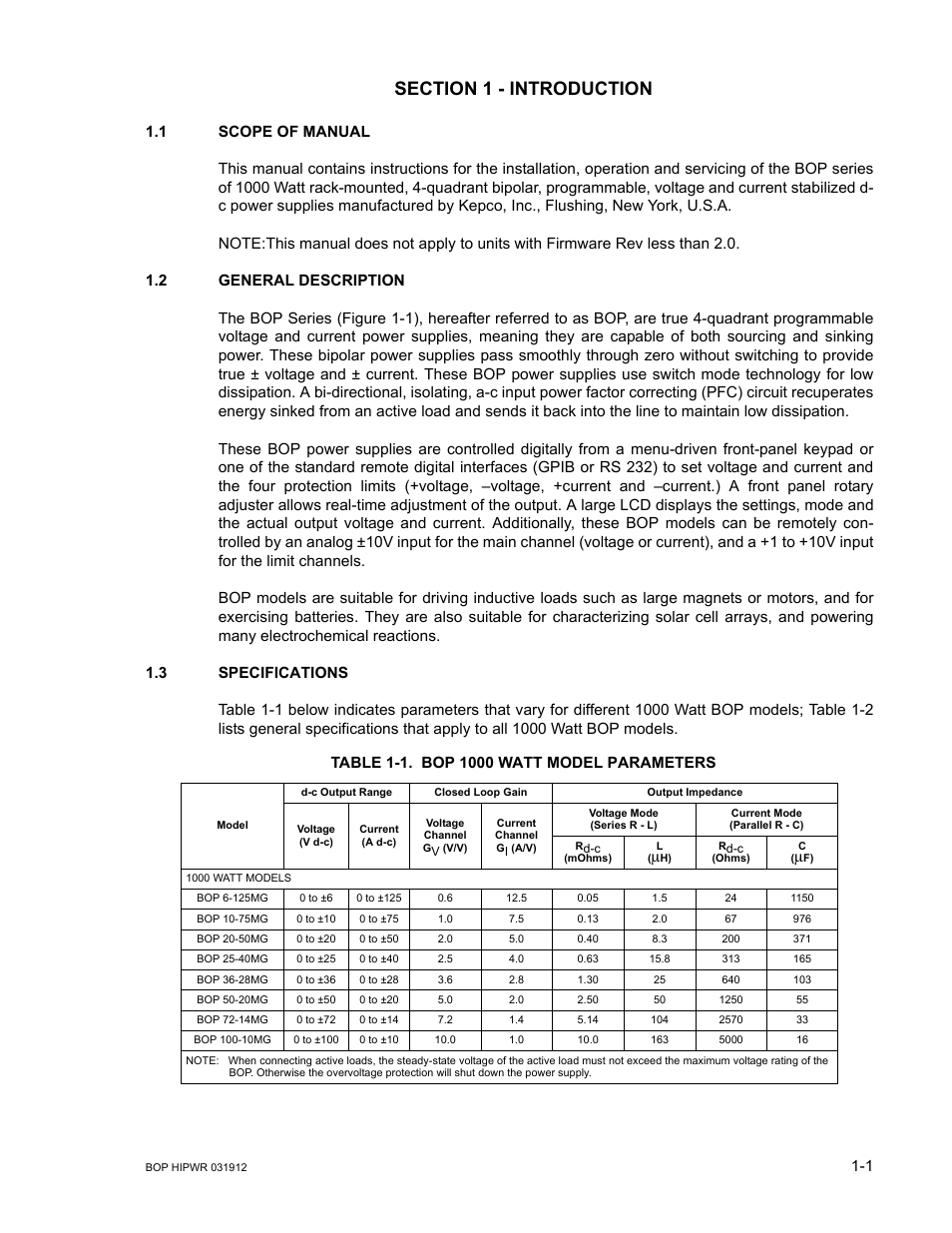 Section 1 - introduction, 1 scope of manual, 2 general description | 3 specifications, Table 1-1. bop 1000 watt model parameters, Scope of manual -1, General description -1, Specifications -1, Bop 1000 watt model parameters -1 | KEPCO BOP 1KW-MG Operator Manual, Firmware Ver.3.05 to 4.07 User Manual | Page 21 / 194