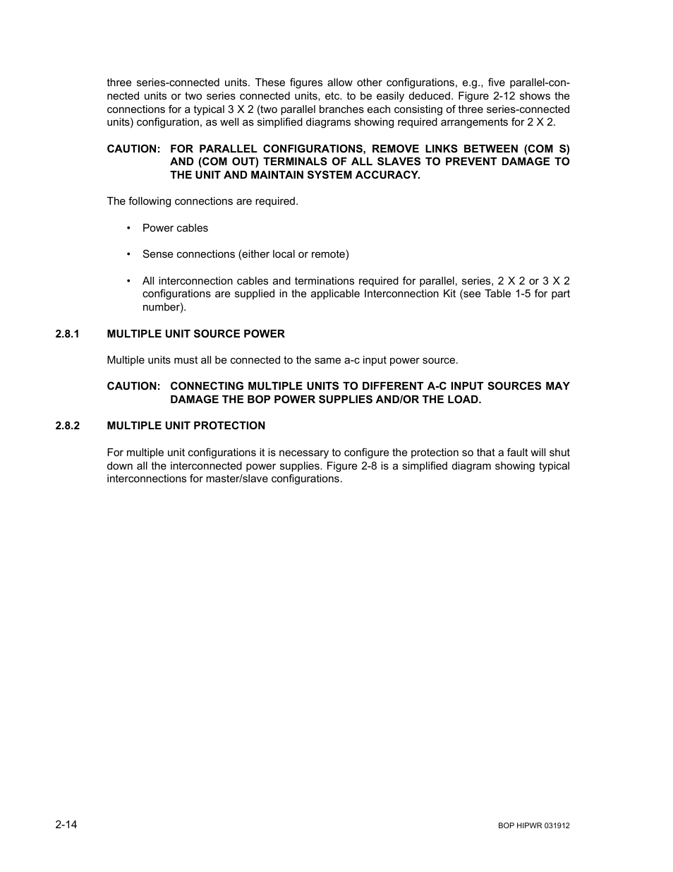 1 multiple unit source power, 2 multiple unit protection, Caution | System accuracy, Bop power supplies and/or the load, Multiple unit source power -14, Multiple unit protection -14 | KEPCO BOP 1KW-MG Operator Manual, Firmware Ver.3.05 to 4.07 User Manual | Page 52 / 194