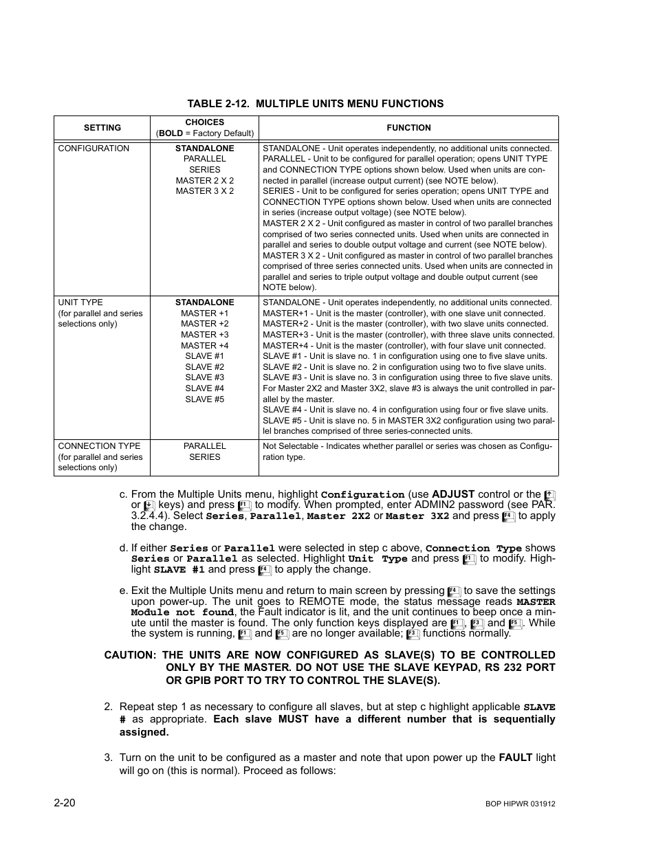 Table 2-12. multiple units menu functions, Slave(s), 12 multiple units menu functions -20 | KEPCO BOP 1KW-MG Operator Manual, Firmware Ver.3.05 to 4.07 User Manual | Page 58 / 194