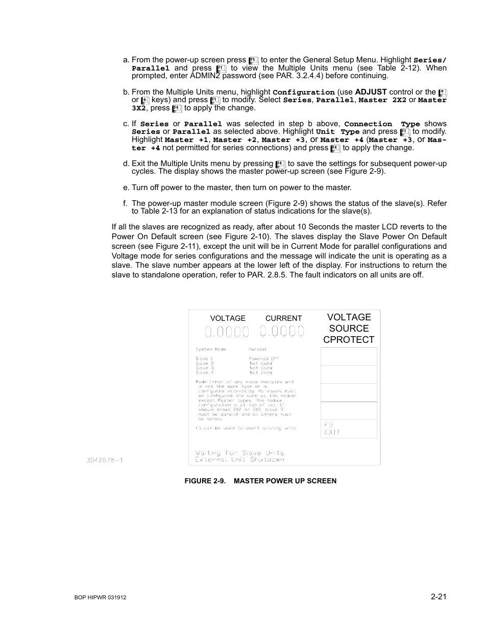 Figure 2-9. master power up screen, Master power up screen -21 | KEPCO BOP 1KW-MG Operator Manual, Firmware Ver.3.05 to 4.07 User Manual | Page 59 / 194