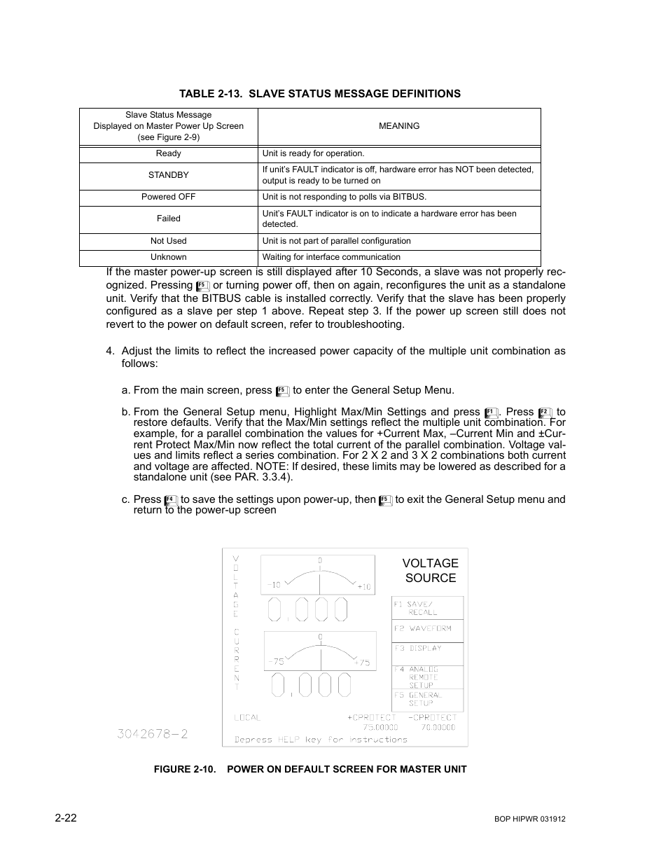 Table 2-13. slave status message definitions, 10 power on default screen for master unit -22, 13 slave status message definitions -22 | KEPCO BOP 1KW-MG Operator Manual, Firmware Ver.3.05 to 4.07 User Manual | Page 60 / 194