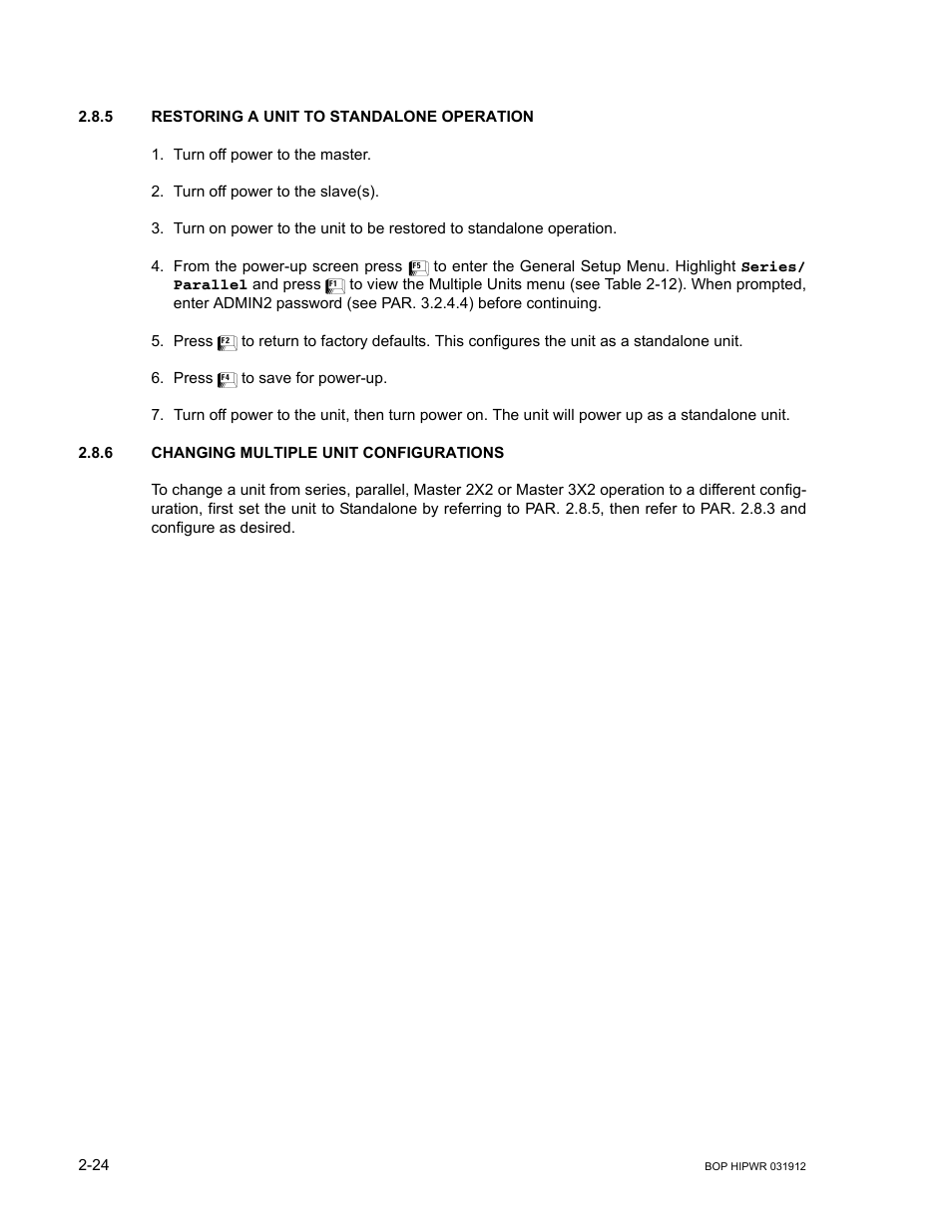 5 restoring a unit to standalone operation, 6 changing multiple unit configurations, Restoring a unit to standalone operation -24 | Changing multiple unit configurations -24, R. 2.8.5, R. 2.8.5. on | KEPCO BOP 1KW-MG Operator Manual, Firmware Ver.3.05 to 4.07 User Manual | Page 62 / 194