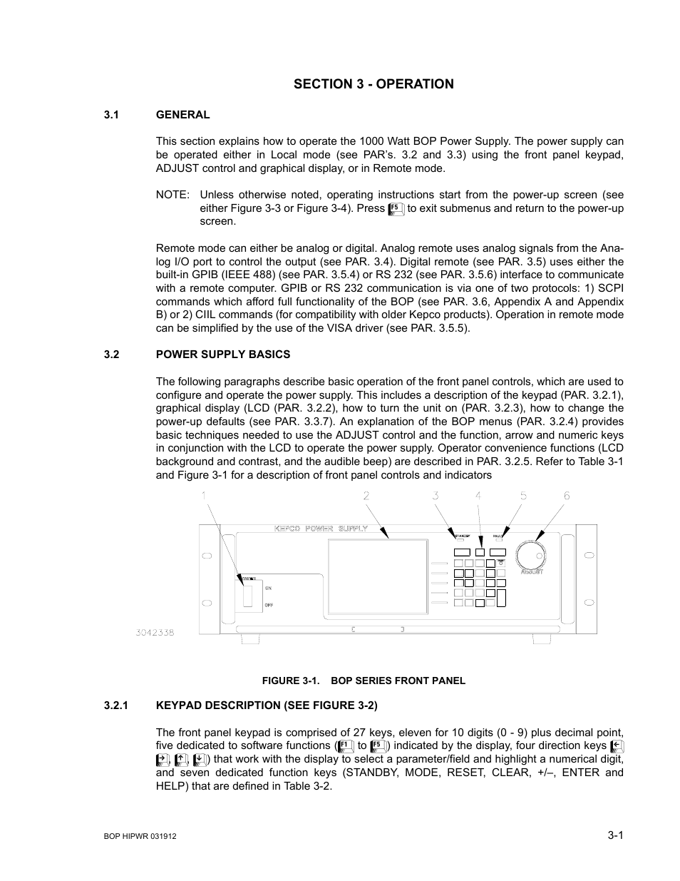 Section 3 - operation, 1 general, 2 power supply basics | Figure 3-1. bop series front panel, 1 keypad description, General -1, Power supply basics -1, Keypad description -1, Bop series front panel -1, 1 an | KEPCO BOP 1KW-MG Operator Manual, Firmware Ver.3.05 to 4.07 User Manual | Page 65 / 194