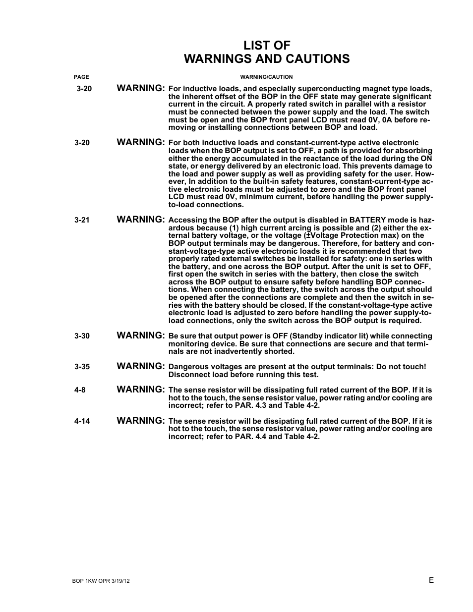 List of warnings and cautions | KEPCO BOP 1KW-MG Operator Manual, Firmware Ver.3.05 to 4.07 User Manual | Page 7 / 194