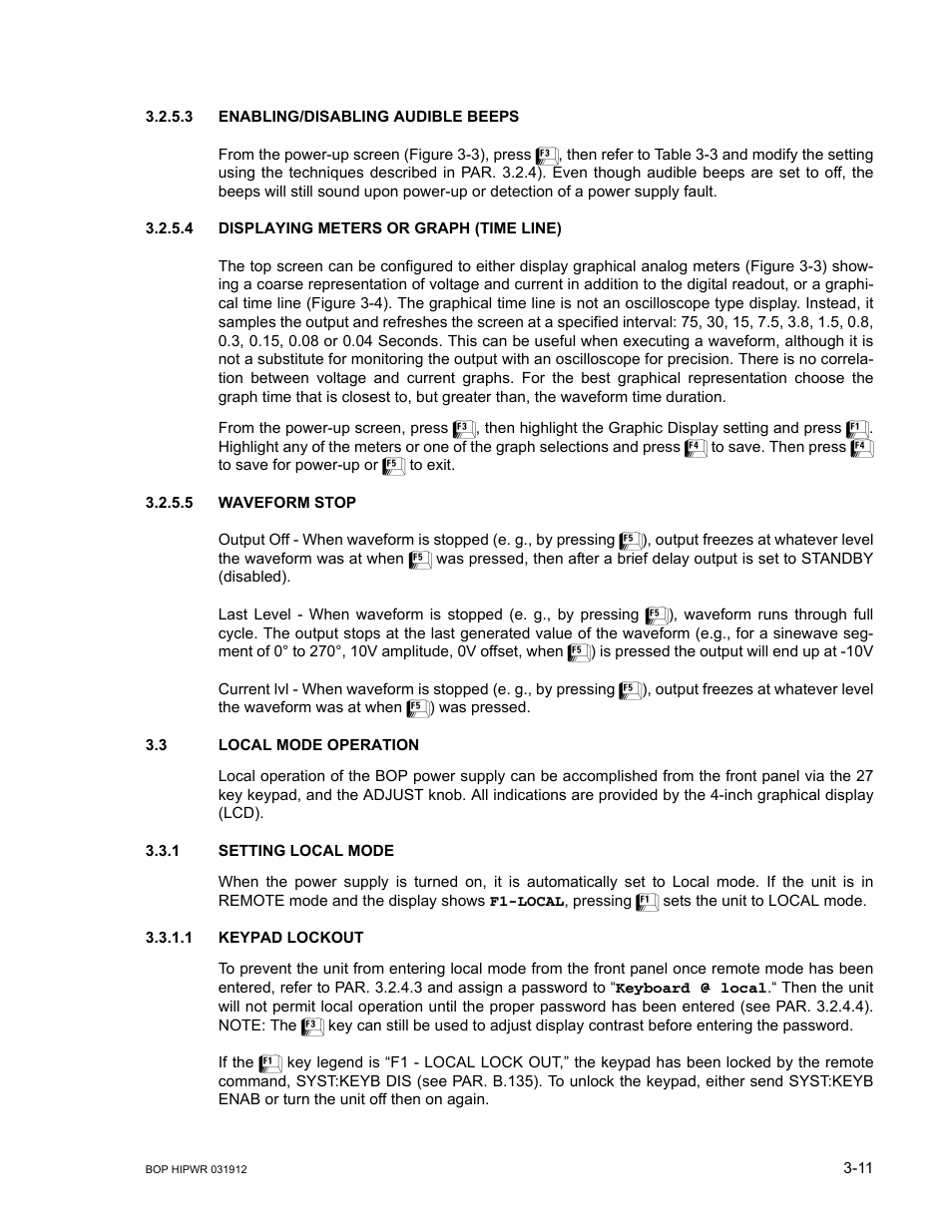 3 enabling/disabling audible beeps, 4 displaying meters or graph (time line), 5 waveform stop | 3 local mode operation, 1 setting local mode, 1 keypad lockout, Enabling/disabling audible beeps -11, Displaying meters or graph (time line) -11, Waveform stop -11, Local mode operation -11 | KEPCO BOP 1KW-MG Operator Manual, Firmware Ver.3.05 to 4.07 User Manual | Page 75 / 194