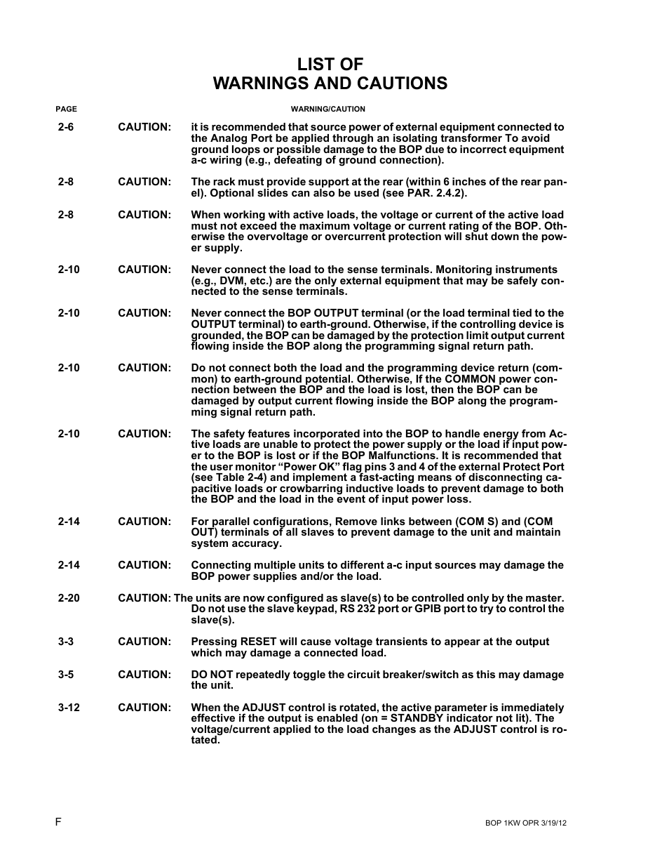 List of warnings and cautions | KEPCO BOP 1KW-MG Operator Manual, Firmware Ver.3.05 to 4.07 User Manual | Page 8 / 194