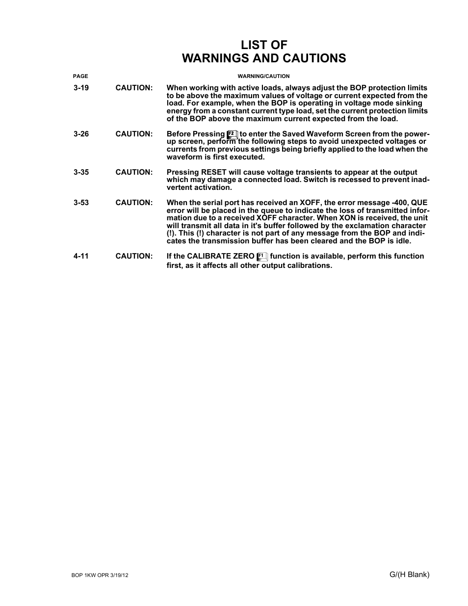 List of warnings and cautions | KEPCO BOP 1KW-MG Operator Manual, Firmware Ver.3.05 to 4.07 User Manual | Page 9 / 194