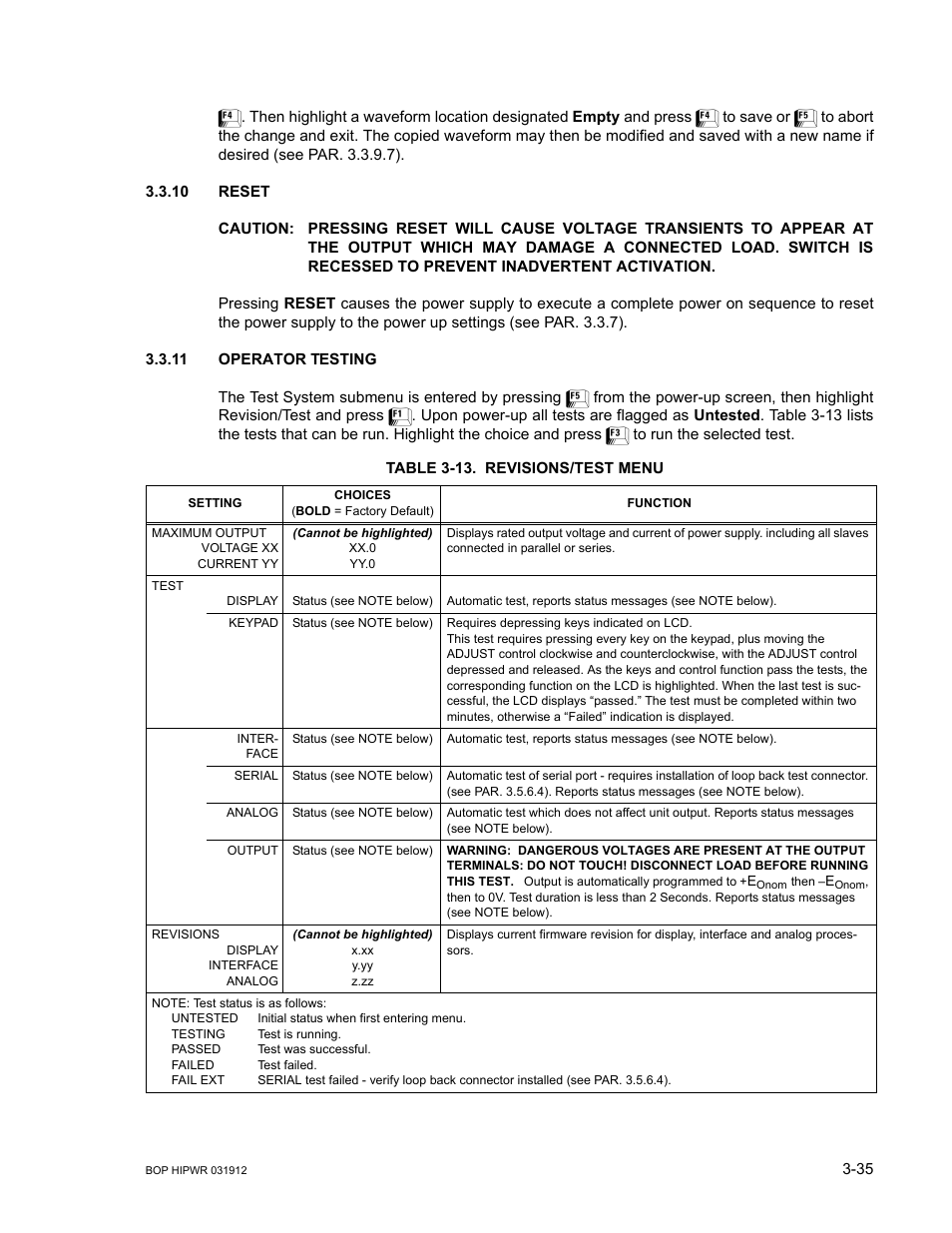 10 reset, 11 operator testing, Table 3-13. revisions/test menu | Caution, Vertent activation, Reset -35, Operator testing -35, 13 revisions/test menu -35, Le 3-13) | KEPCO BOP 1KW-MG Operator Manual, Firmware Ver.3.05 to 4.07 User Manual | Page 99 / 194