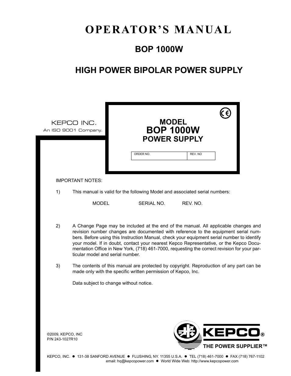 KEPCO BOP 1KW-MG Operator Manual, Firmware Ver.2.48 to 3.04 User Manual | 188 pages